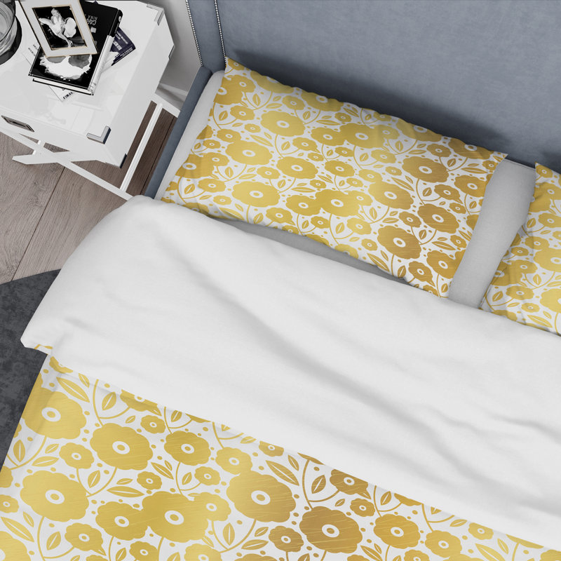Golden Floral I - Ensemble de housse de couette abstrait Glam - Microfibre de polyester