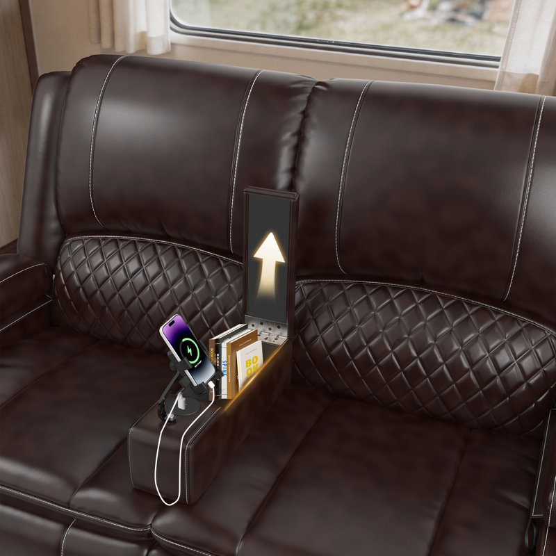 Faux Leather Manual Reclining Loveseat with USB Port, Cup Holders & Hidden Storage Console for RV Living Room, Brown