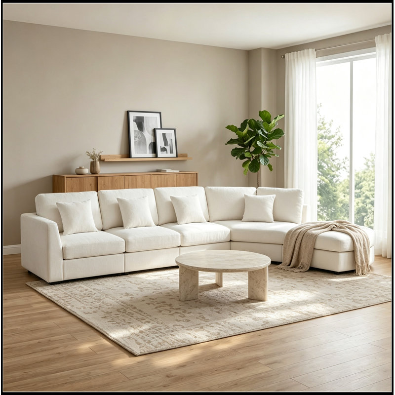 Canapé modulaire incurvé modulaire avec assise profonde et 4 coussins décoratifs, Beige