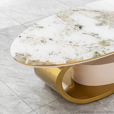 Table basse ovale de luxe de 51,18 po avec tiroir, plateau en verre imprimé, structure en acier inoxydable brossé 201 #, centre de rangement de salon moderne