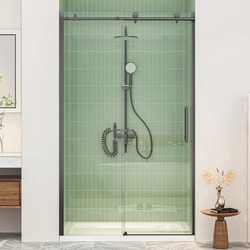 44"-48" W x 76" H Single Sliding Frameless Shower Door with 3/8" (10mm) Crystal Clear Tempered Glass, Matte Black