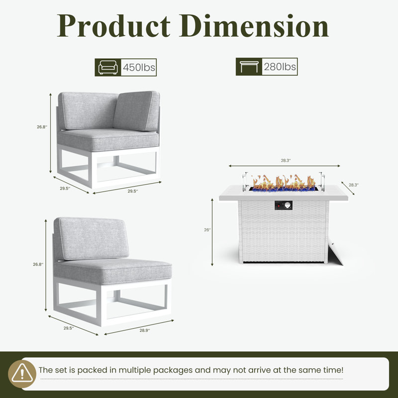  8 Pieces Modern Aluminum Patio Furniture Set With Fire Table, Outdoor Modular Sectional Conversation Set L-shaped Sofa For Backyard