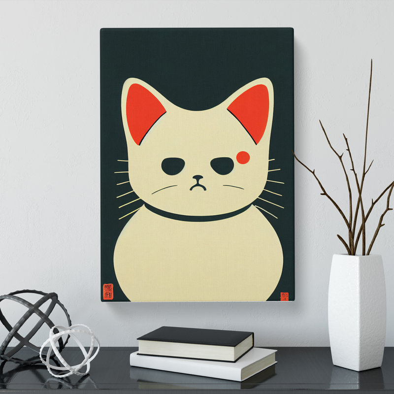 Maneki Neko Cat Minimalism - Wall Art, 50cm H x 35cm W x 3cm D, Wrapped Canvas