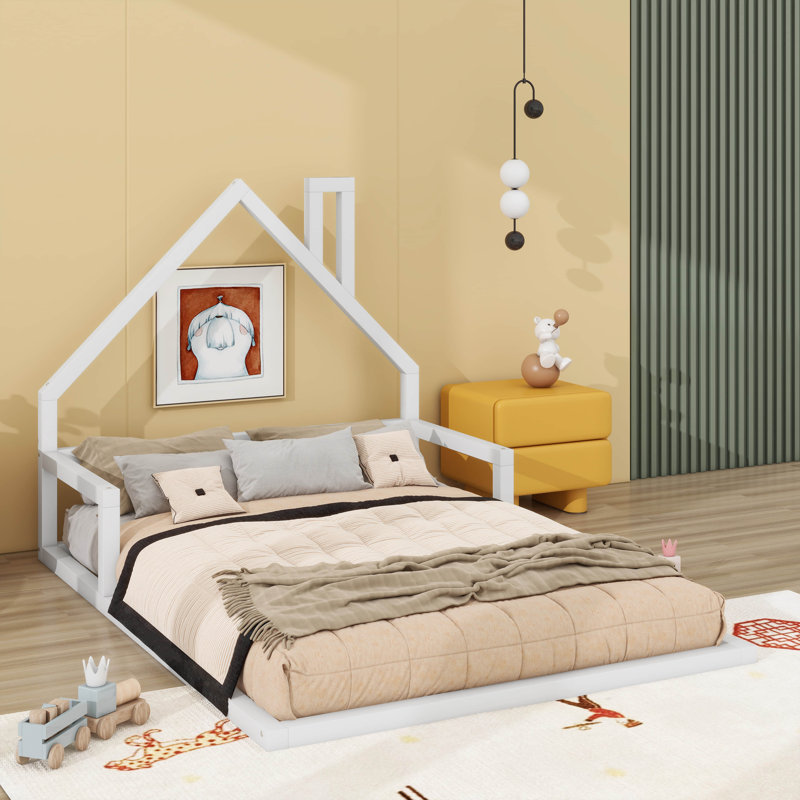 Lit en bois, cadre de lit avec tête de lit en forme de maison, Twin, Blanc