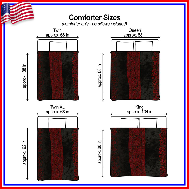 Red Black Floral Patterns Comforter, Queen