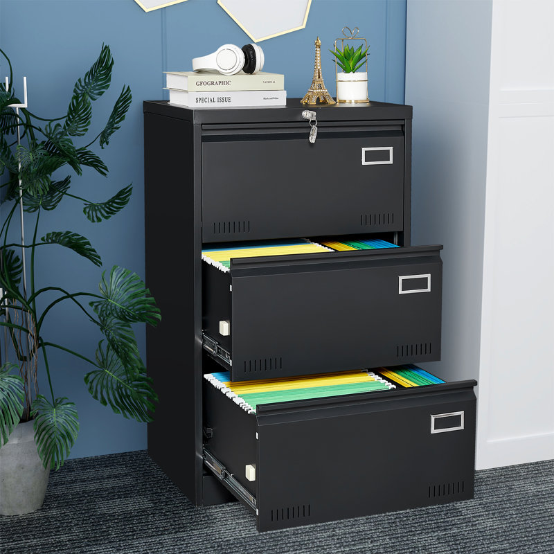 40''H Metal Vertical File Storage Cabinet For Office And Home With Lock And 3 Drawers, Black