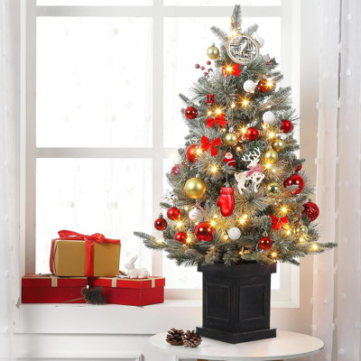 3 Ft Prelit Premium Snow Flocked Artificial Christmas Tree With 8 Mode Warm White Led