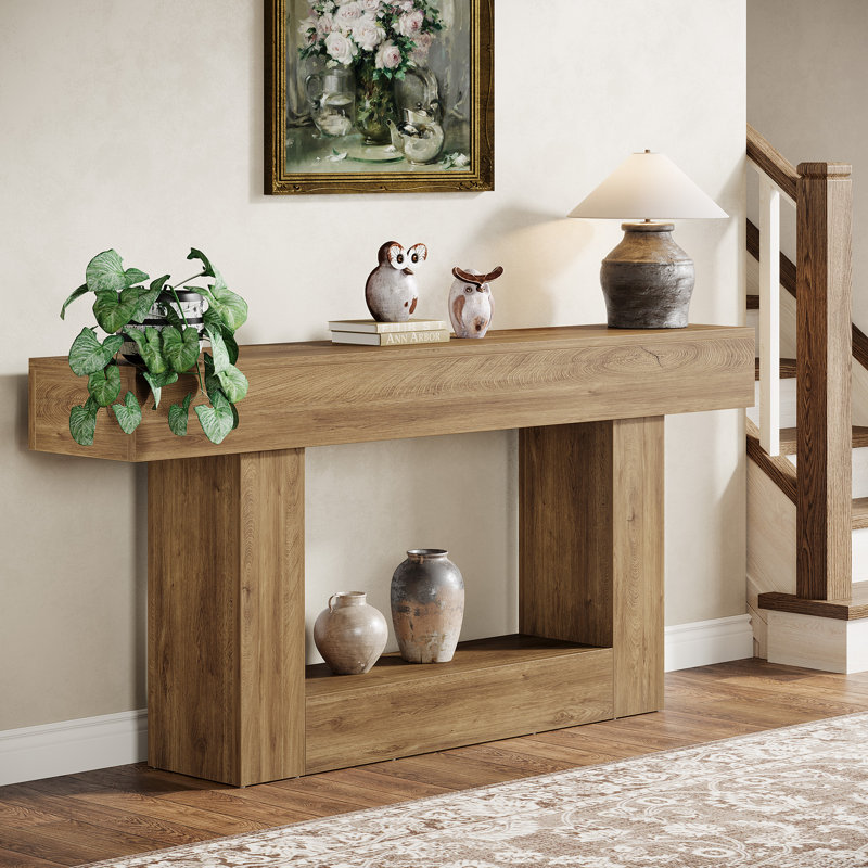 63" Console Table, Farmhouse Entryway Table, Narrow Wood Sofa Table for Living Room, Foyer, Light Brown
