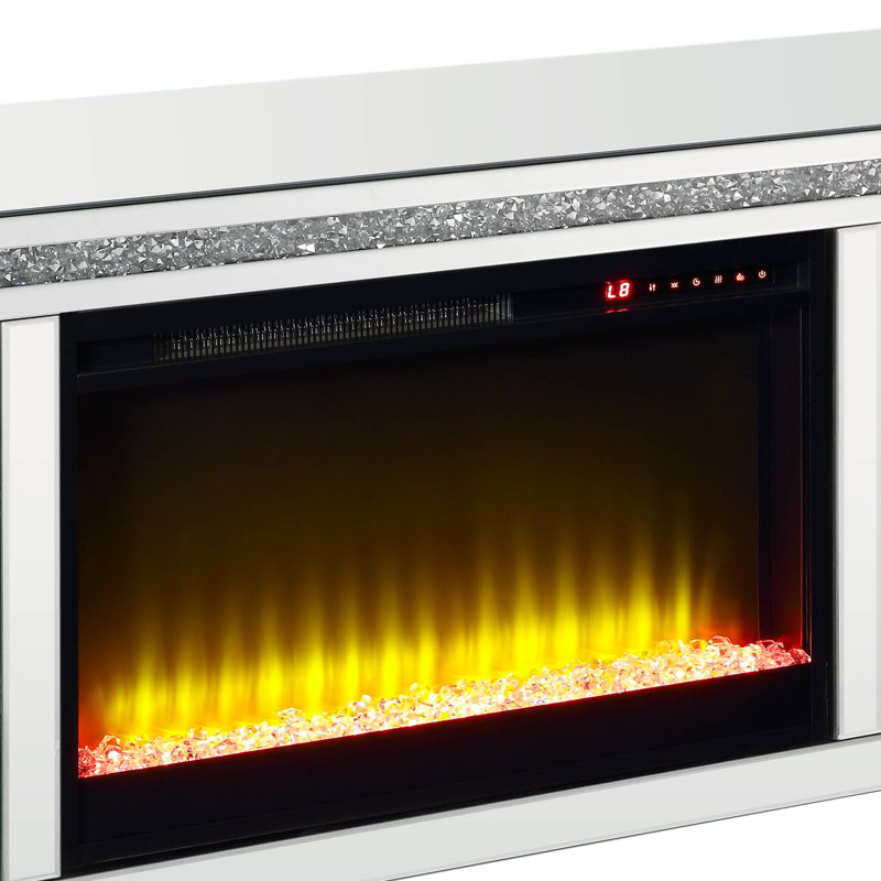 Meuble télé avec foyer et DEL, miroir et faux diamants