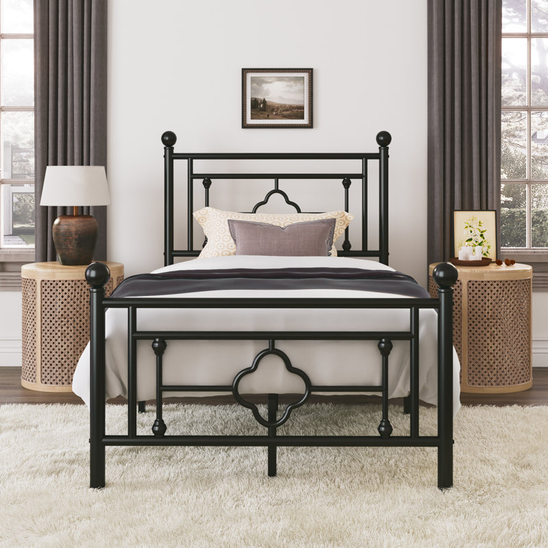 Base de lit plateforme en métal Ajayceon avec tête et pied de lit de style rétro, Simple, Noir