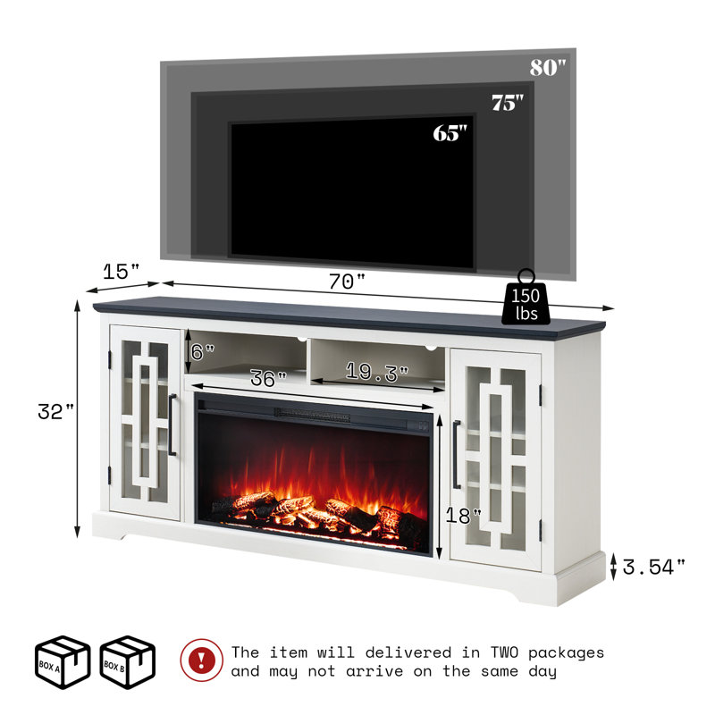 Farmhouse Fireplace Tv Stand With  Led Lights & Adjustable Shelves, White