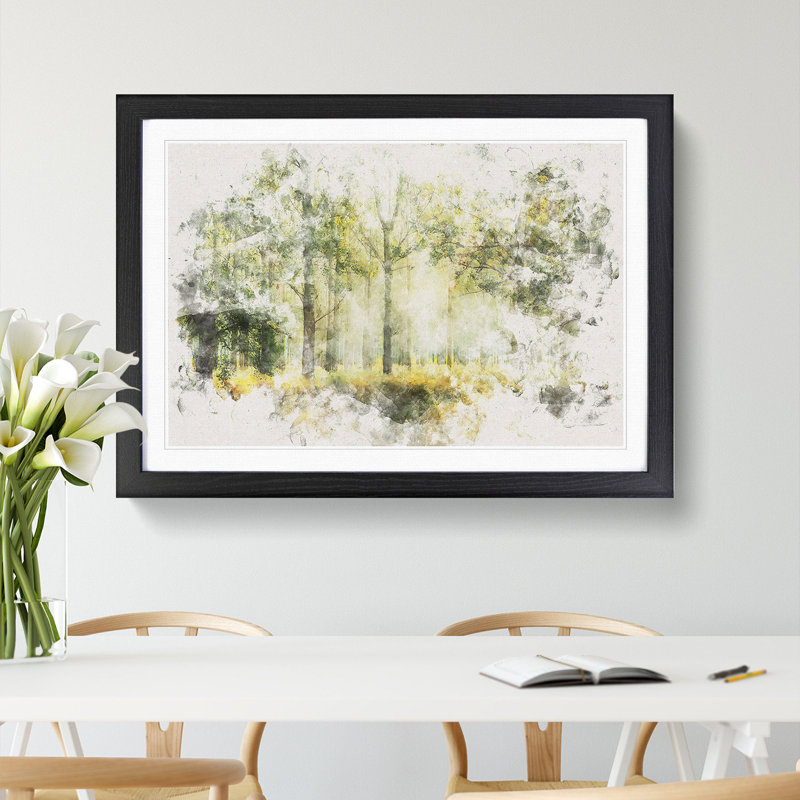View Of The Forest In The Spring Watercolour - Framed Print, 62cm H x 87cm W x 2cm D, Black