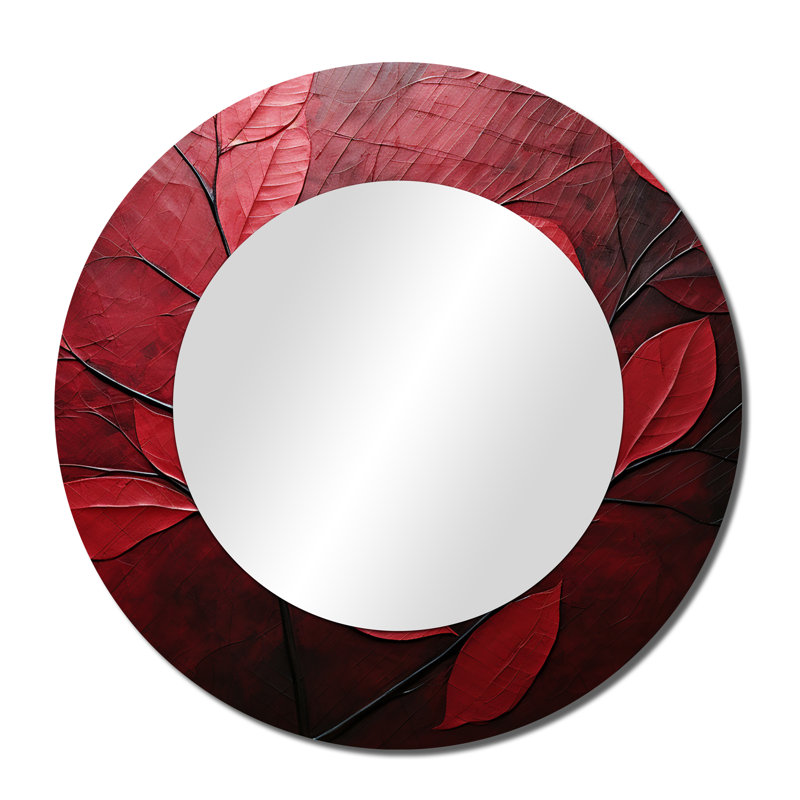 Shamkia Cherry Foliage Leaves I - Leaves Large Mirror, Red Round Unique Wall Mirror Decor, Printed Metal Art, 36" x 36"