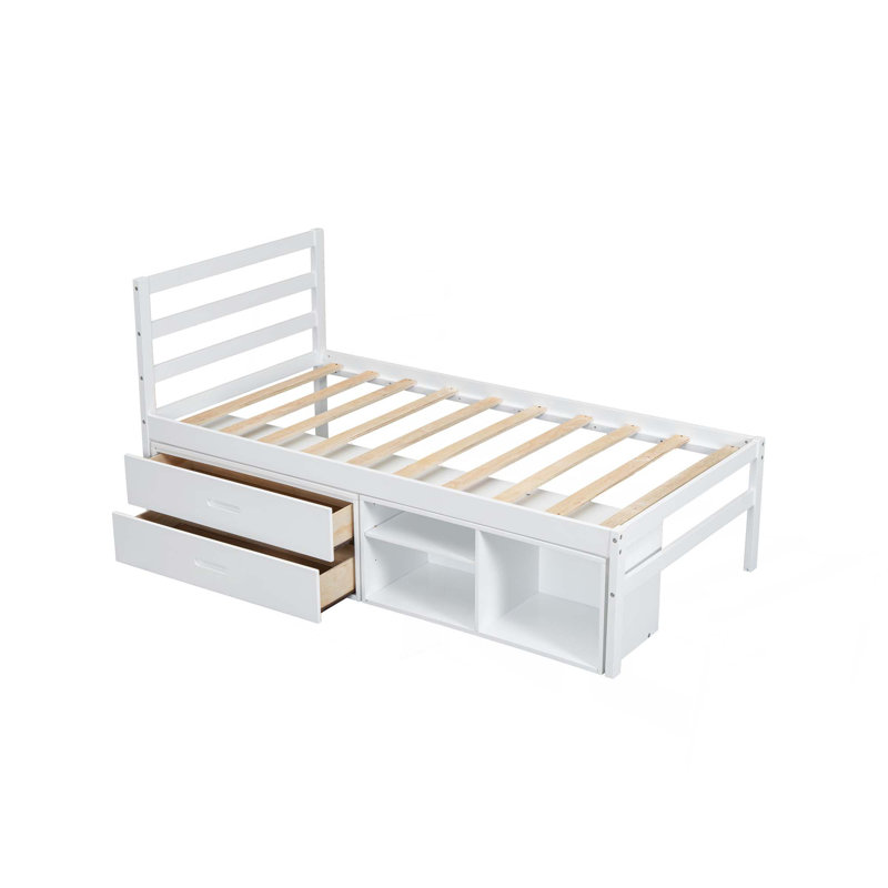 Lit plateforme en bois avec tablettes de rangement amovibles, deux tiroirs de rangement intégrés pour plus de commodité