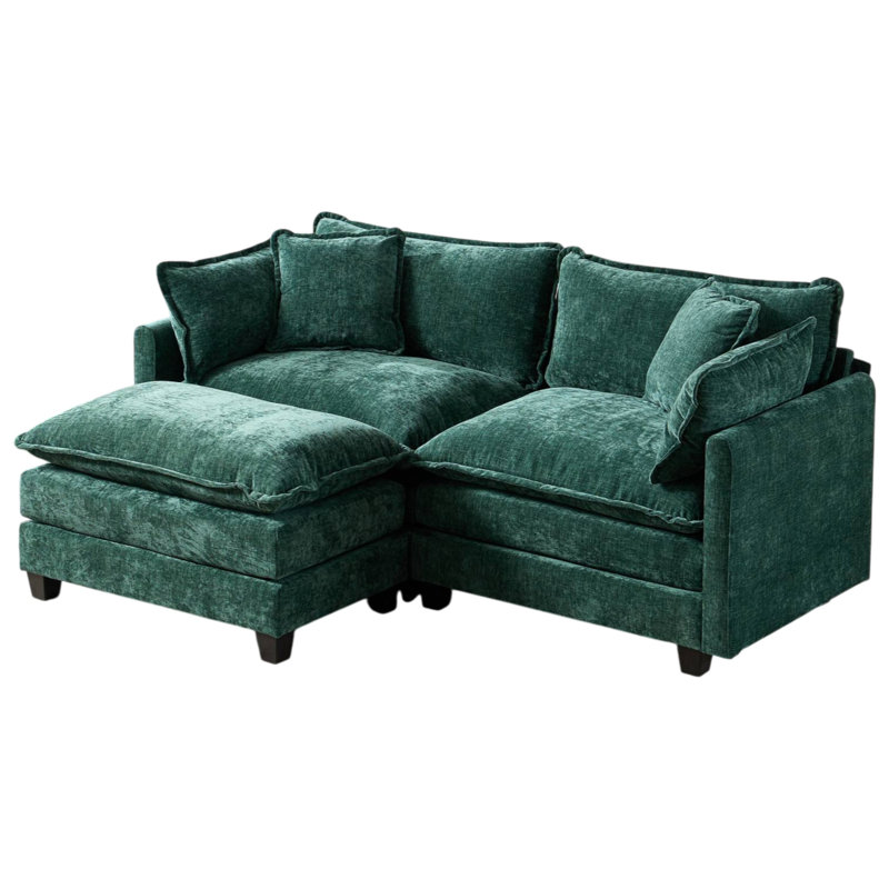 Geneveve 78"W Chenille Upholstered Loveseat Sofa With Ottoman, 4 Compressed Pillows & Compressed Foam Cushions, Green