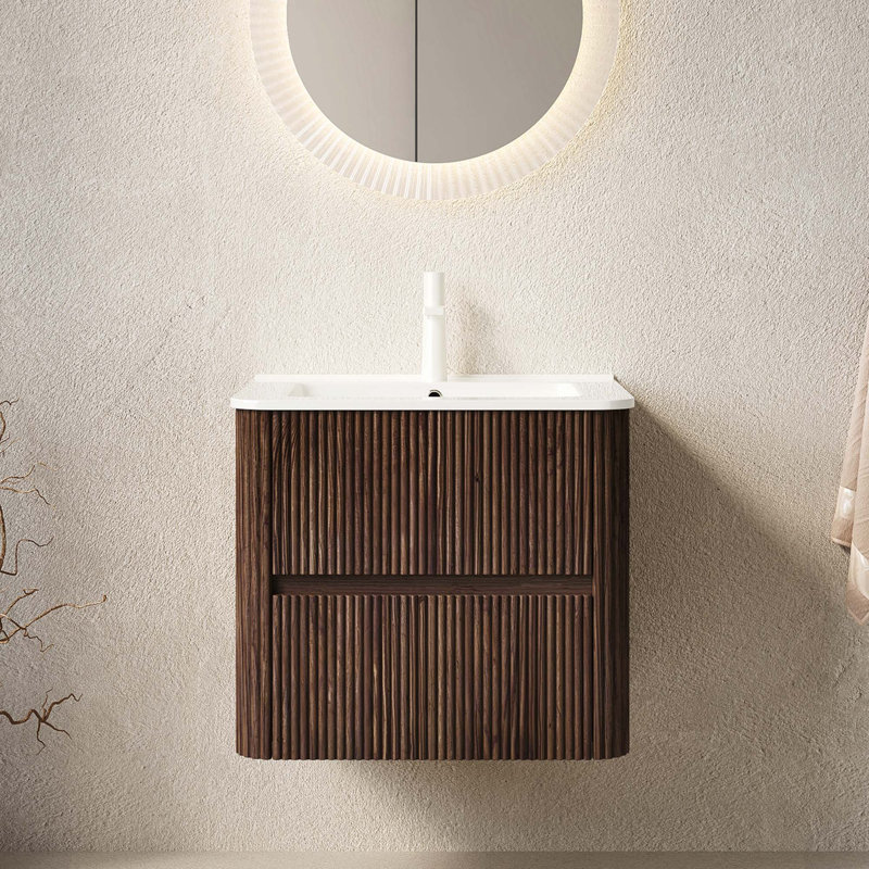 Meuble-lavabo 24 po avec lavabo, meuble de rangement mural en contreplaqué flottant avec 2 tiroirs, lavabo en céramique blanc, sans robinet, pré-assemblé, couleur grain de bois noyer rétro