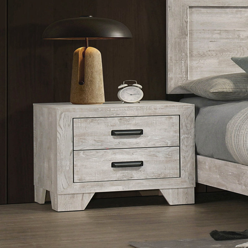 Table de chevet 2 tiroirs en bois blanchi blanc, style transitionnel avec quincaillerie en métal