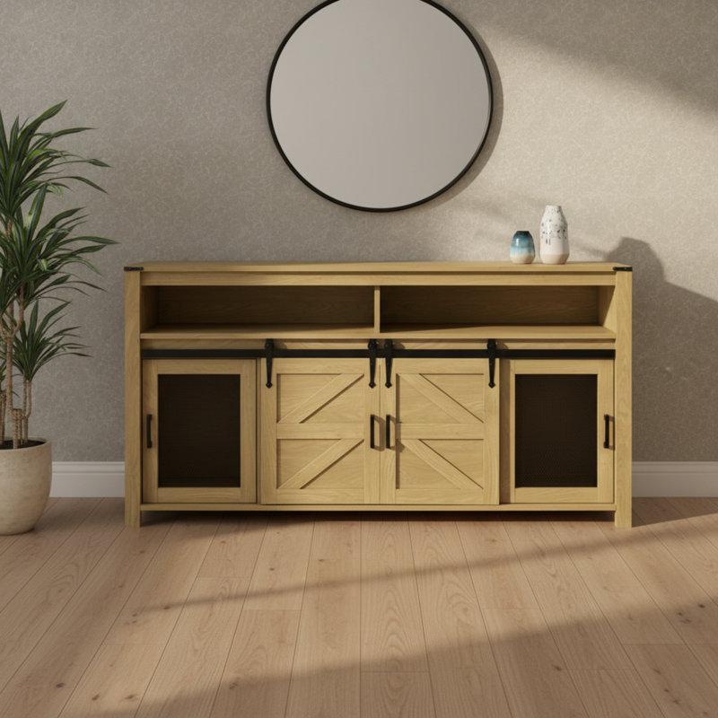 U-Shaped Sideboard With Sliding Barn Door And Mesh Panel, Featuring Farmhouse-Style Open Storage, Suitable For Multiple Scenarios.