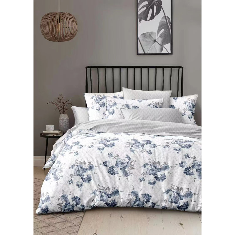 9pcs Quilt Bedding Set Blue Floral Bedspread Queen Size for Modern Bedroom, Lightweight Comforter with 2 Pillow Shams, 6 Matching Curtains 86x86In