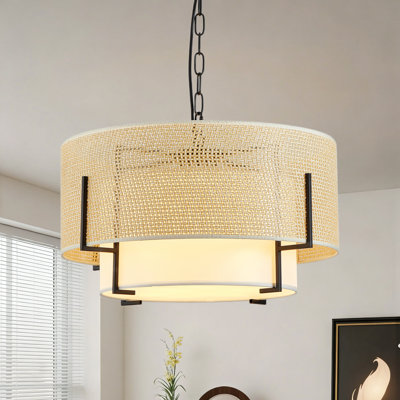 19.7''  Farmhouse Boho Chandelier,4-Light Hand Woven Rattan Pendant Light with Fabric Shade Rustic Drum Chandelier for Dining Room Kitchen Bedroom Foyer Entryway Living Room