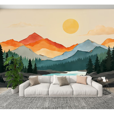 Papier peint adhésif paysage de montagne, paysage de rivière, art mural en bois artistique H 100 po x l 144 po, papier peint amovible en PVC, autocollant pour chambre à coucher, bureau à domicile