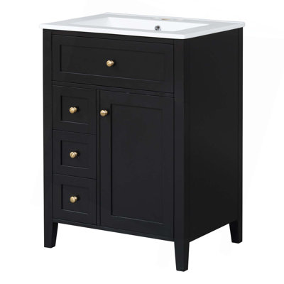 24" Bathroom Vanity With Sink,MDF & Rubberwood Construction, 3 Drawers & Cabinet With Adjustable Shelves,Modern Design For Small To Medium Bathrooms