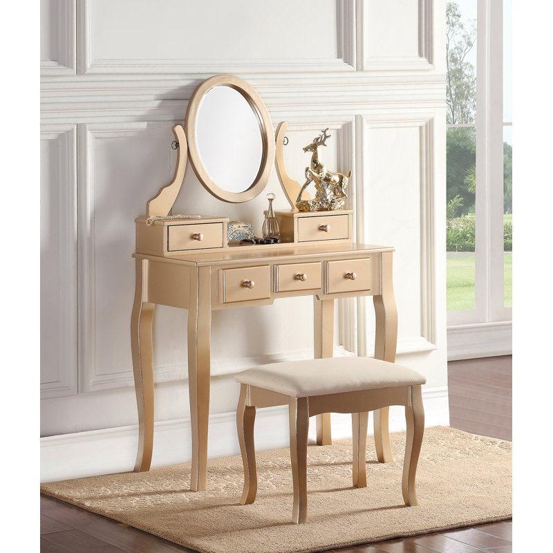 Ashley Wood Make-Up Vanity Table And Stool Set, Ashley Wood Makeup Vanity Table And Stool Set, Gold