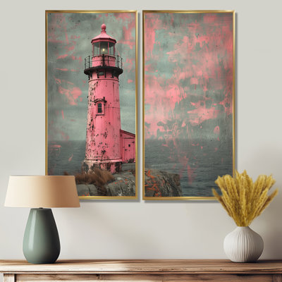 Rose et gris, phare rétro, art mural sur toile, 2 grands phares