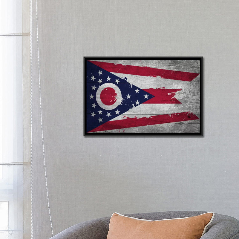 «Flags Ohio Planks with Splatters», impression sur toile, H 18 po x l 26 po x P 1,5 po, Toile avec cadre noir, Pas de tapis