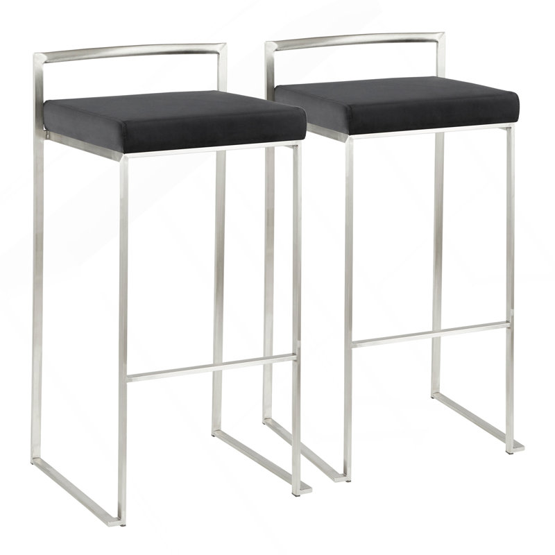 Tabouret de bar contemporain empilable en acier inoxydable avec coussin en velours noir par Lumisource - ensemble de 2, Noir