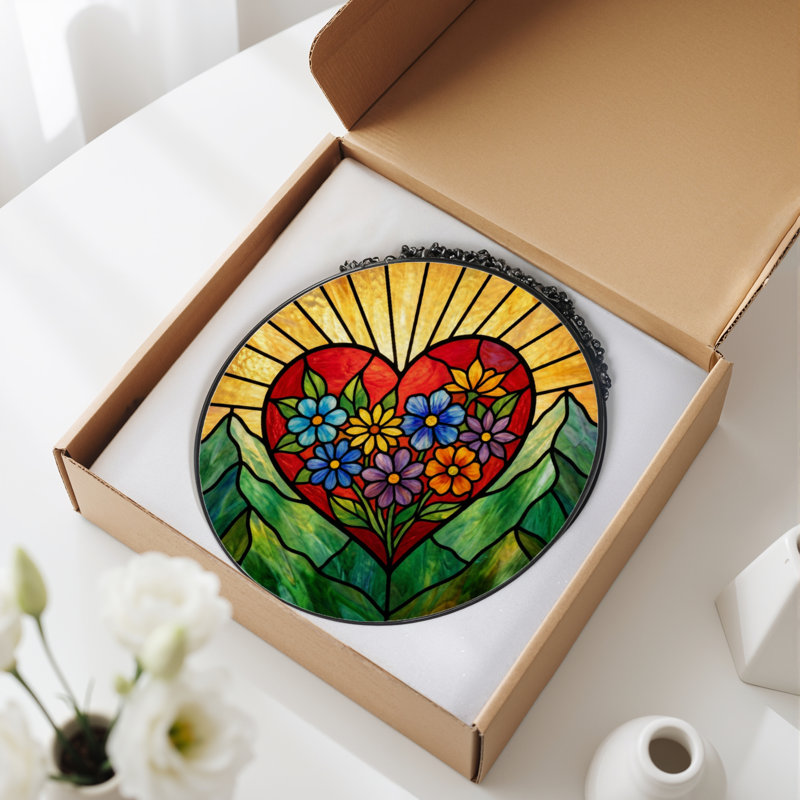 Panneau de vitrail 12 "H Heart Flowers, H 12 po x l 12 po