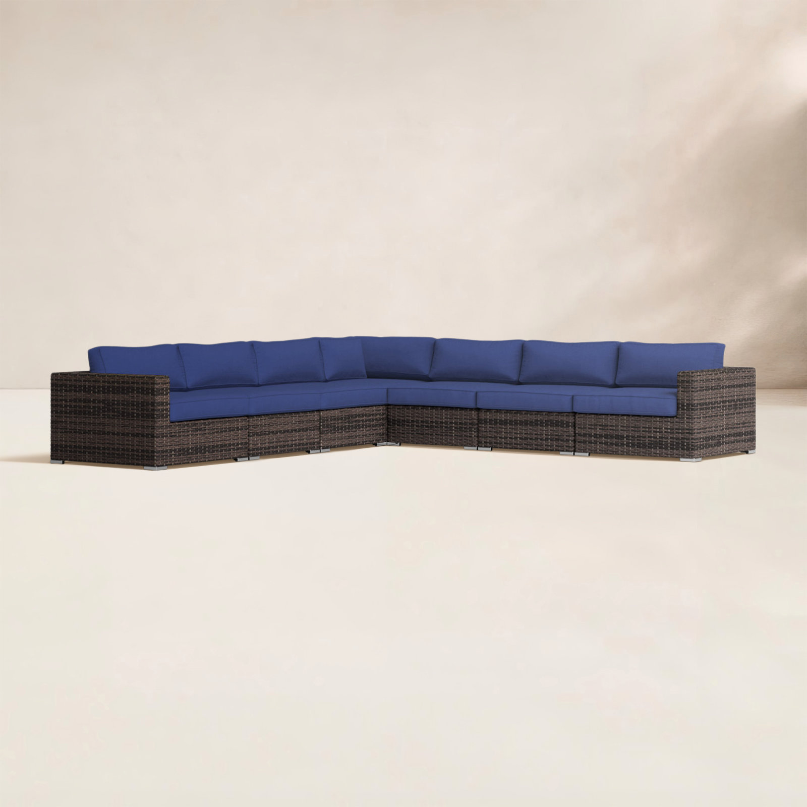Foxtrot 122" Sunbrella® Patio Sofa, Sunbrella Navy Blue Cushion/Brown Frame