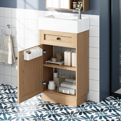 Meuble-lavabo rustique de 18,5 po avec lavabo en résine réversible, structure d'armoire, tablette ajustable pour un rangement intelligent, poignées en alliage de zinc, finition grain de bois, porte à fermeture en douceur