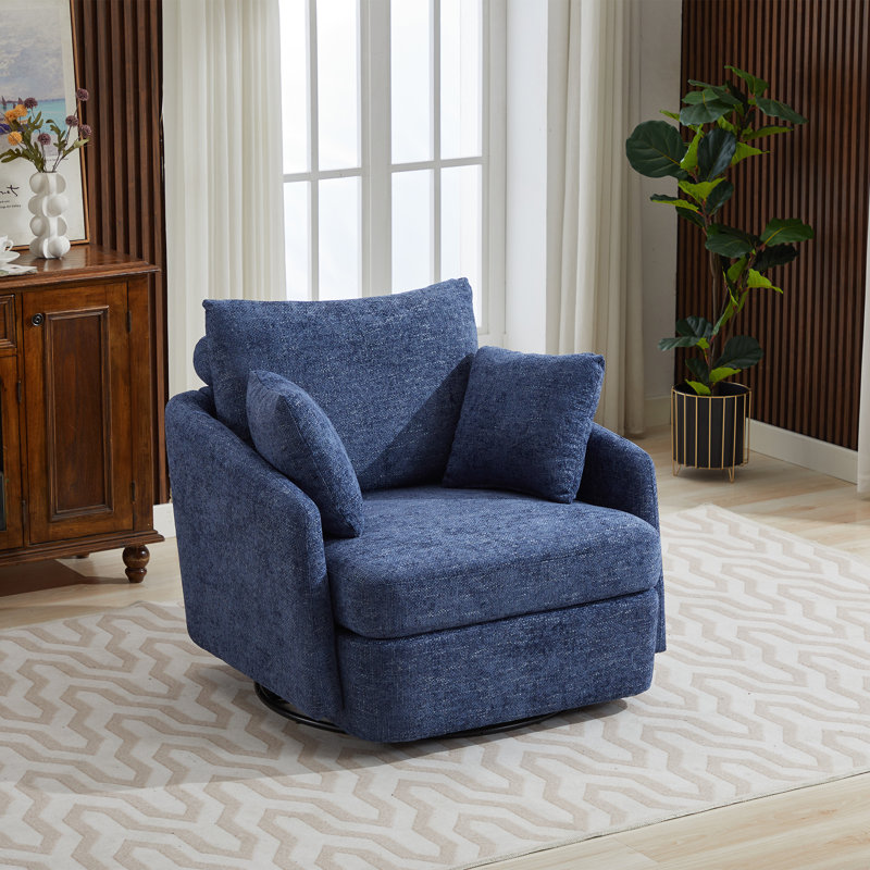 Upholstered Swivel Chair With 2 Side Pillows,  Navy Chenille