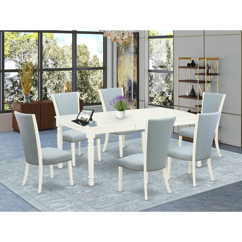 7 Piece Dinette Set Consist of a Rectangle Dining Room Table with Butterfly Leaf and 6 Baby Blue Linen Fabric Parson Dining Chairs, Linen White