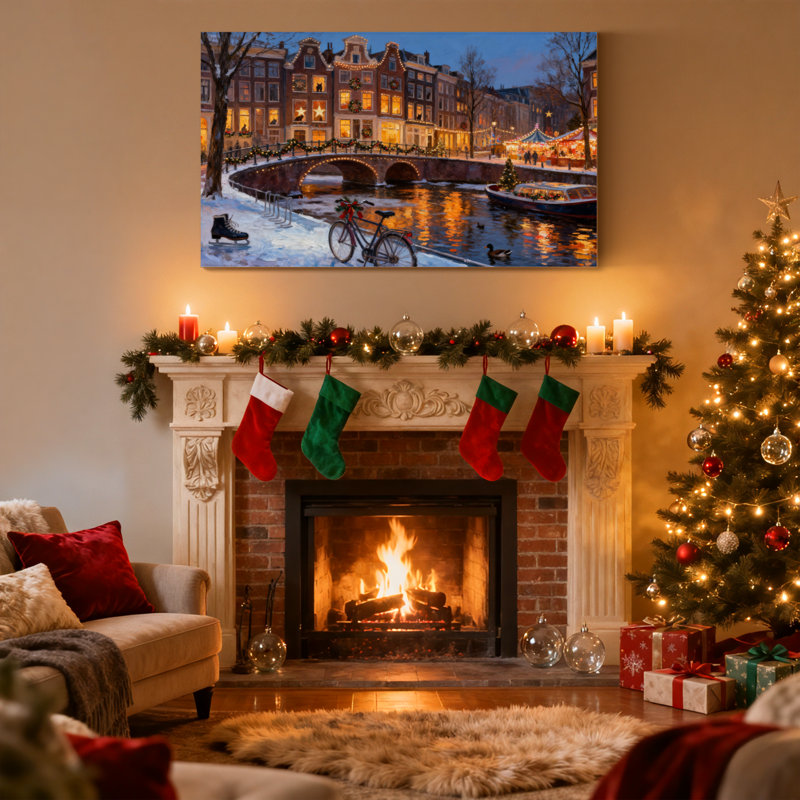 Ensemble de 3 impressions sur toile, paysage urbain de Noël avec canaux et lumières, H 20 po x l 30 po