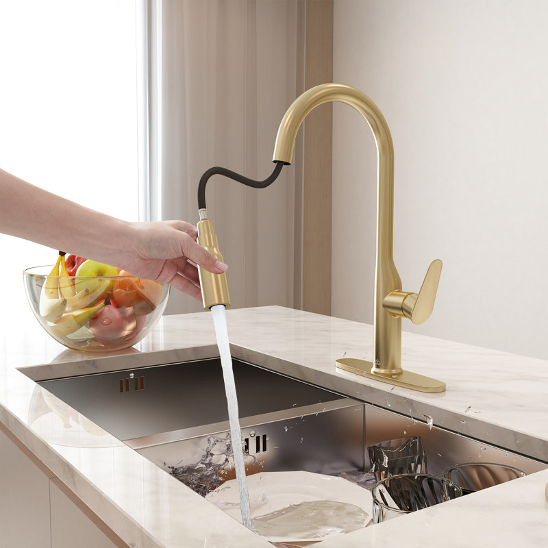 Robinet de cuisine rétractable à poignée simple Casainc, Or brossé