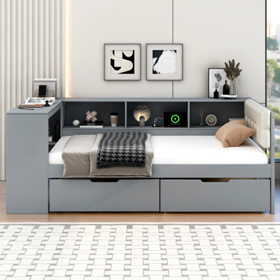 Wood Twin Size Platform Bed With Storage Shelves, Drawers, Charging Station And Upholstered Headboard, Gray