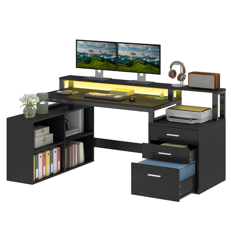 Bureau en forme de L de 65 po avec prises de courant et lumières DEL Carolgene, Noir