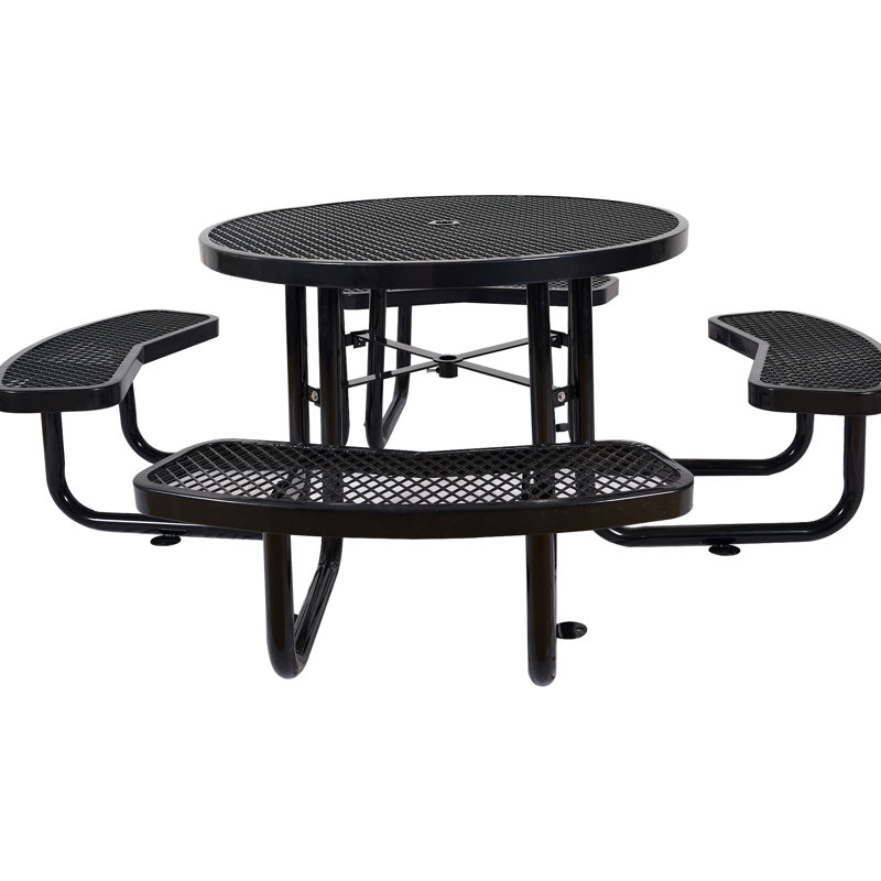 Table de pique-nique ronde en acier 46 po avec support pour parasol 46 po noir, Noir