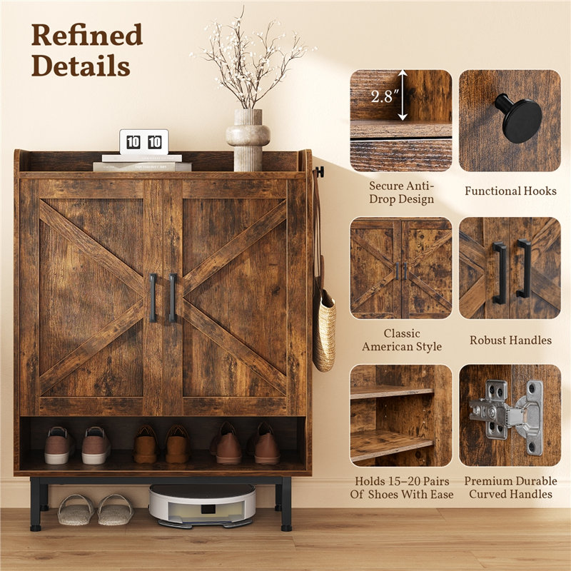 5-Tier Shoe Cabinet with Barn-Inspired Doors, Rustic Brown