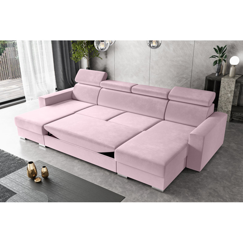 Corner sofa with sleep function and bed box FOX, Pink polyester
