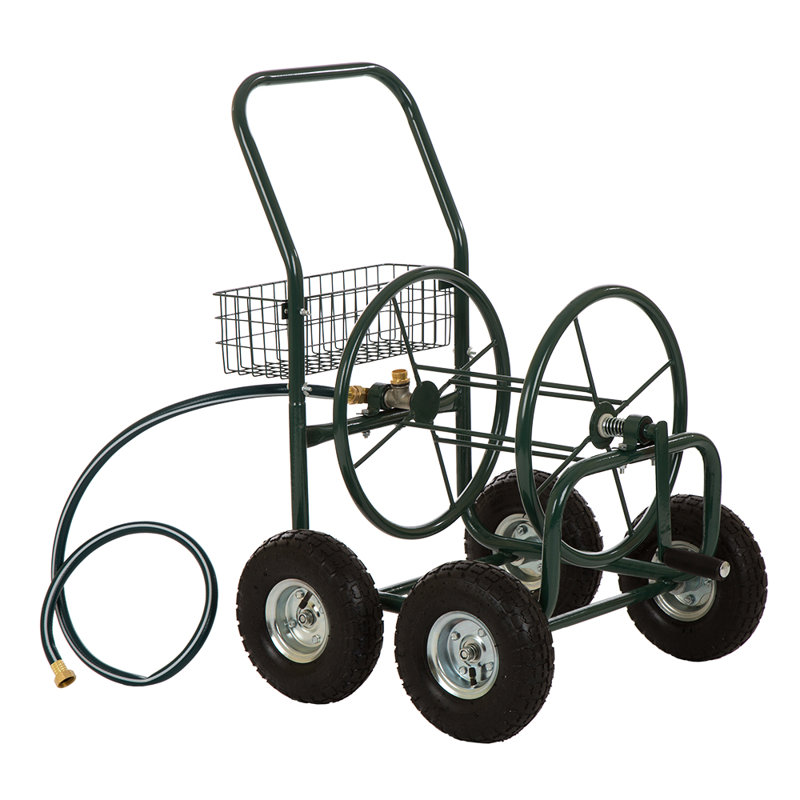 Green Steel 4-Wheel Garden Hose Reel Cart with Climate Resistant Finish