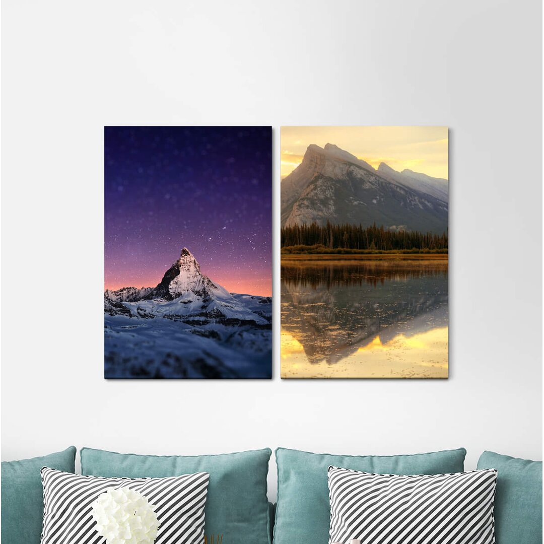 2-tlg. Leinwandbilder-Set - Grafikdruck „Matterhorn Alps Switzerland Night Stars Lake Silence”