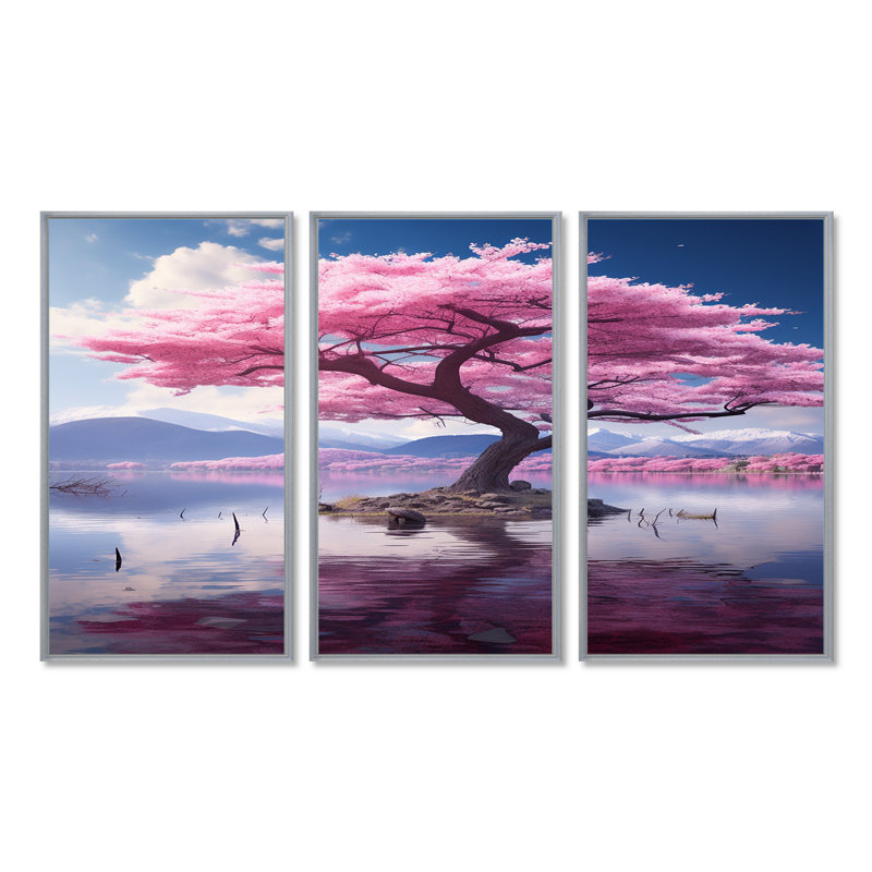 Majestic Cherry Blossom Tree In Mountain Lake - Tree Cherry Blossom Wall Art Set, Silver Floater Framed, 28" H x 36" W x 1" D