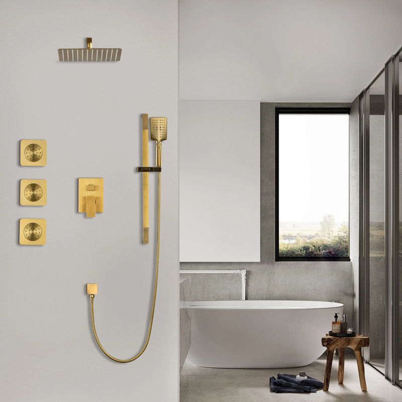 Ensemble de douche à pluie murale avec valve brute, Or brossé