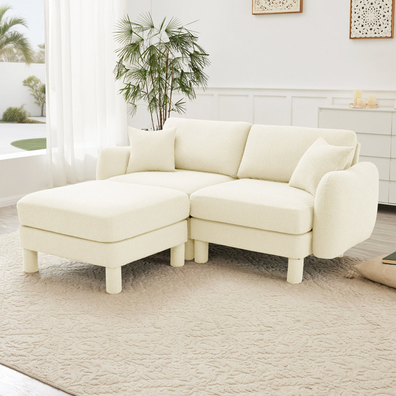 Boucle Fabric Sectional Loveseat Sofa Couch With Distinctive Shelarmrests And Removable Ottoman,Cylindrical Legs Wrapped With Self-Fabric