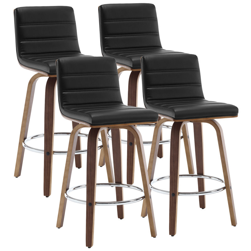 Swivel Upholstered Counter & Bar Stool With Solid Wood Frame and L-Shaped PU Leather Back, Black