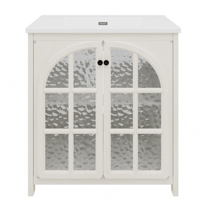 Meuble-lavabo de ferme 31 po avec lavabo en céramique, fini faux vieilli, armoire de salle de bain rustique rétro avec poignées en bronze et 2 portes à fermeture douce, blanc antique