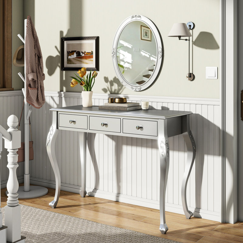 Stylish Silver Dressing Table With Unique Oval Mirror And 3 Storage Drawers, Construction, Solid Wood Legs, Exquisite Detail Craftsmanship, High - Quality Metal Rails, Ideal For Home Decor In Living